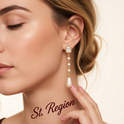 White Crystal and Pearl 18K Gold-Plated Drop Earrings, gold drop earrings for women, elegant gift for her, styled look