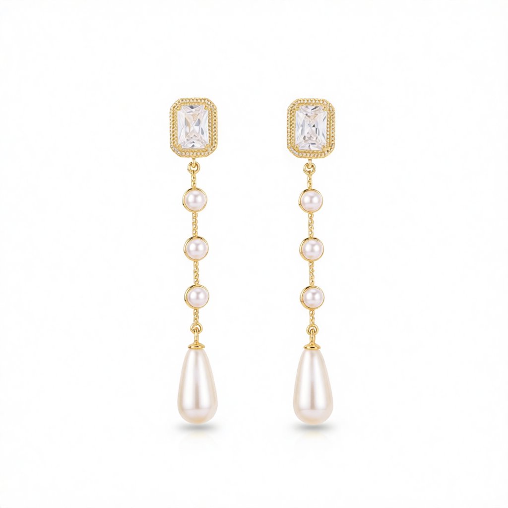 White Crystal and Pearl 18K Gold-Plated Drop Earrings, gold drop earrings for women, elegant gift for her, side view
