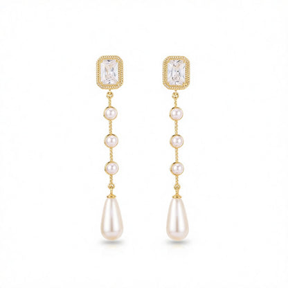 White Crystal and Pearl 18K Gold-Plated Drop Earrings, gold drop earrings for women, elegant gift for her, side view