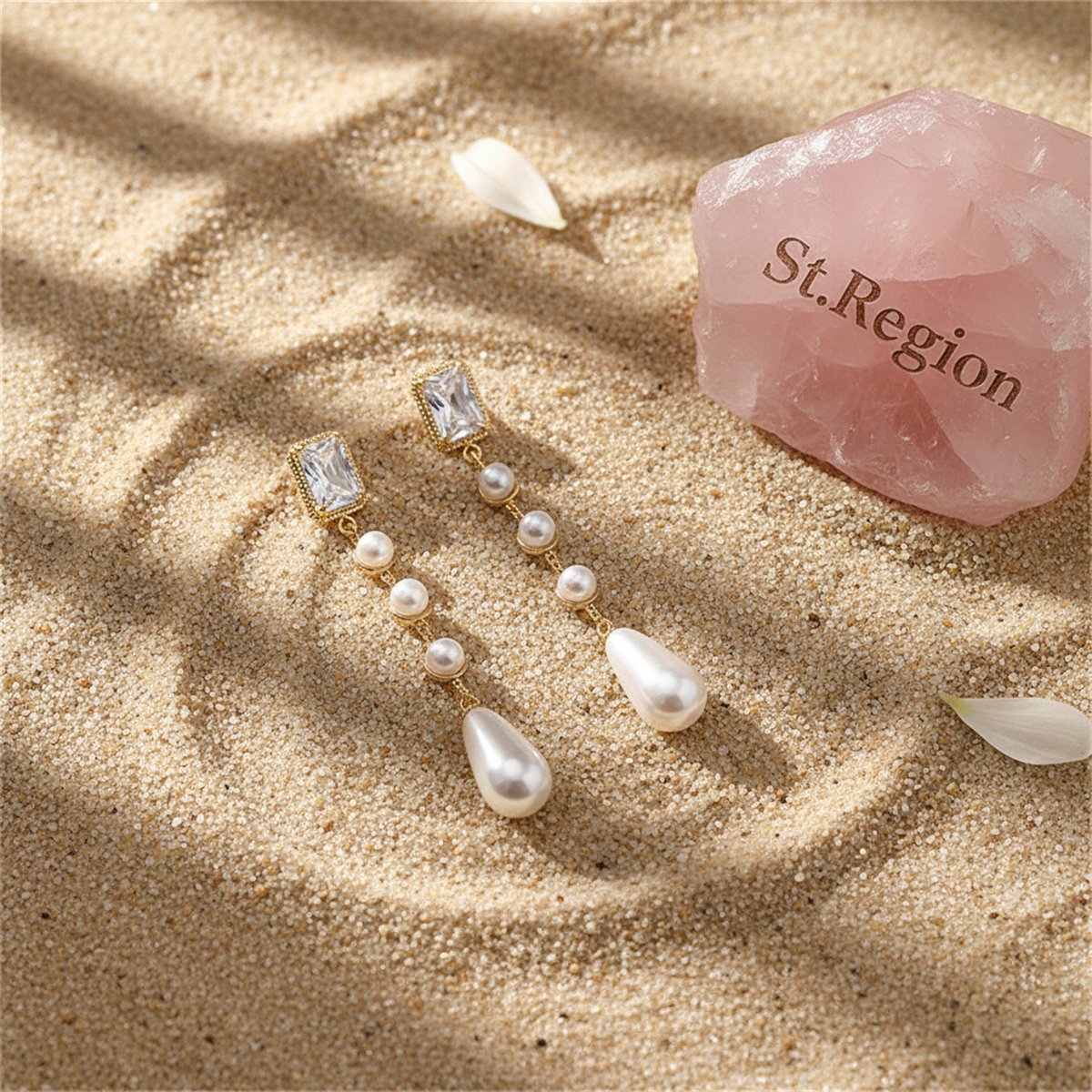 White Crystal and Pearl 18K Gold-Plated Drop Earrings, gold drop earrings for women, elegant gift for her, detail close-up