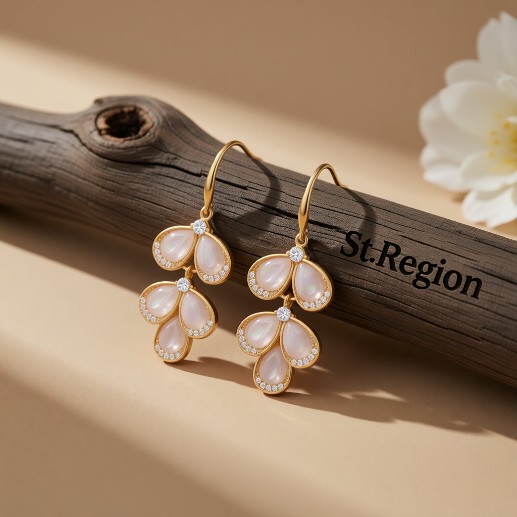 Cubic Zirconia and Cat's Eye Teardrop Cluster Drop Earrings, drop earrings for women, botanical inspired, front view