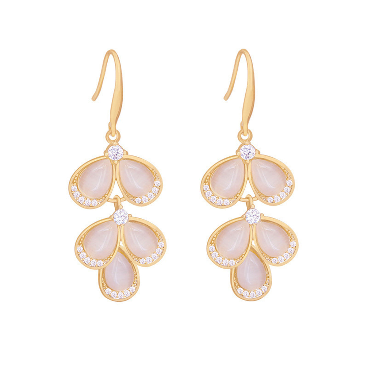 Cubic Zirconia and Cat's Eye Teardrop Cluster Drop Earrings, drop earrings for women, botanical inspired, side view