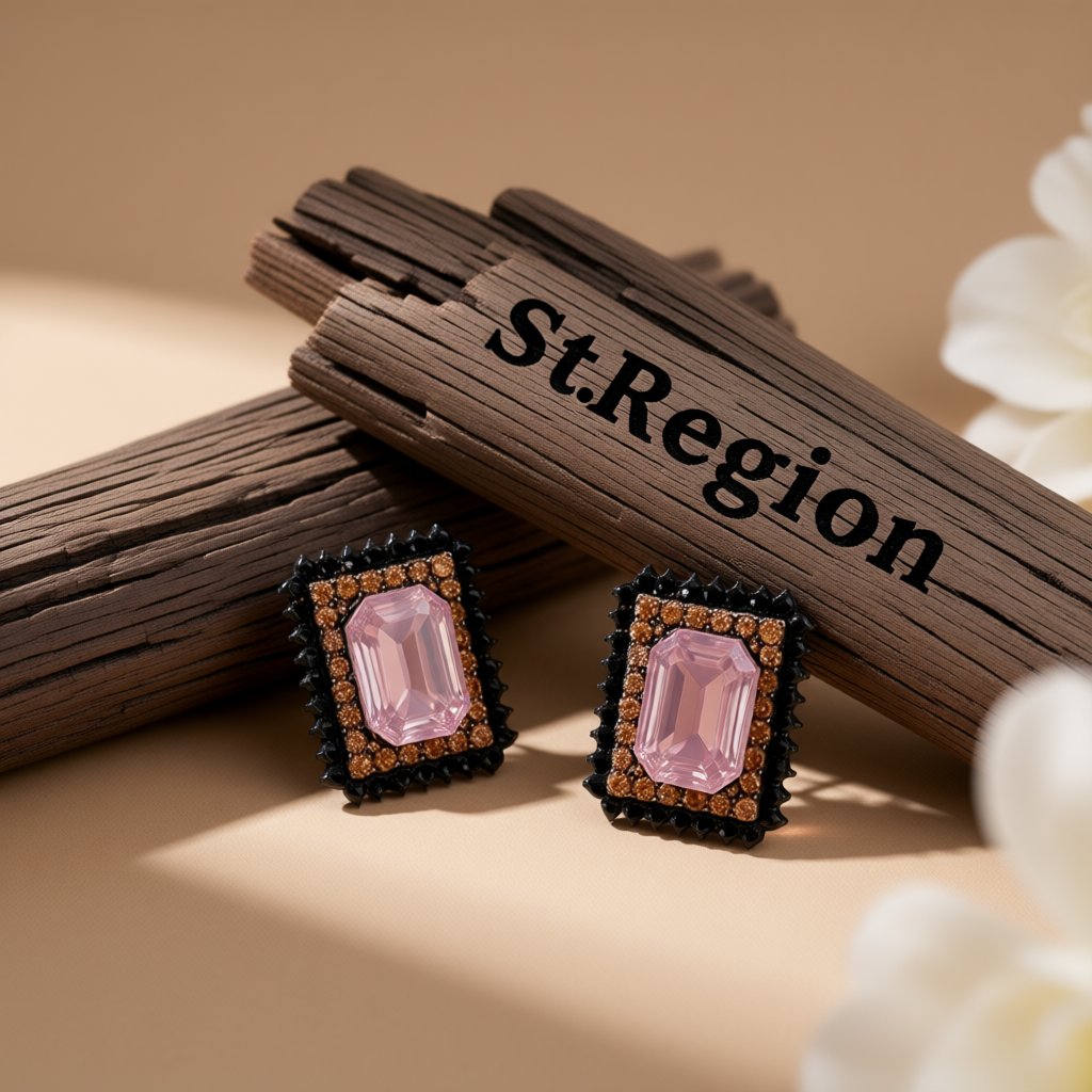 Pink Crystal and Cubic Zirconia Square Stud Earrings, cubic zirconia stud earrings for women, front view