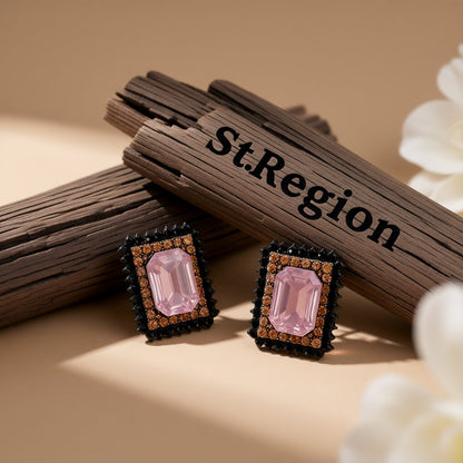 Pink Crystal and Cubic Zirconia Square Stud Earrings, cubic zirconia stud earrings for women, front view