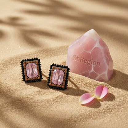 Pink Crystal and Cubic Zirconia Square Stud Earrings, cubic zirconia stud earrings for women, detail close-up