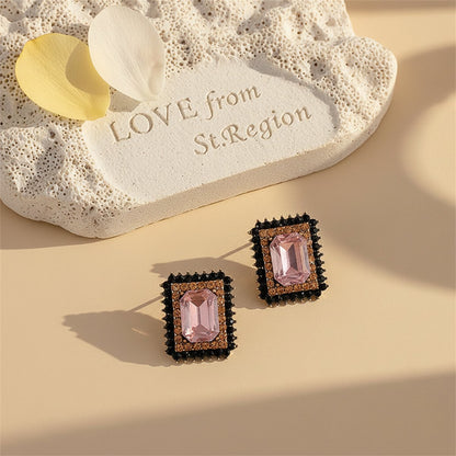 Pink Crystal and Cubic Zirconia Square Stud Earrings, cubic zirconia stud earrings for women, lifestyle look