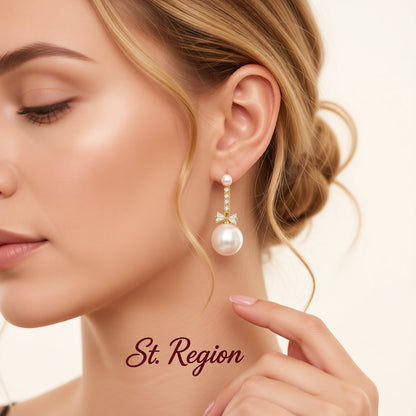 Crystal and Cubic Zirconia Pearl 18K Gold-Plated Bow Drop Earrings, gold drop earrings for women, styled look