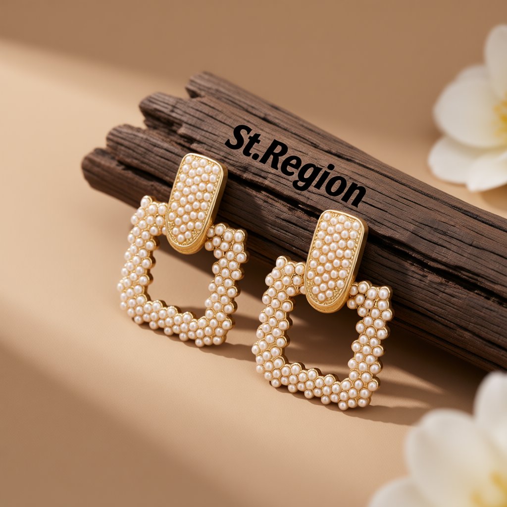 Pearl and 18K Gold-Plated Open Square Drop Earrings, gold drop earrings for women, botanical inspired, front view
