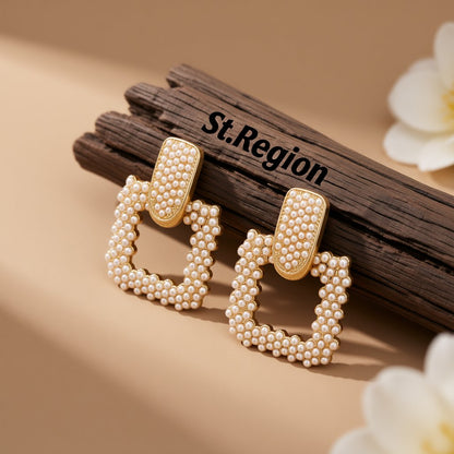 Pearl and 18K Gold-Plated Open Square Drop Earrings, gold drop earrings for women, botanical inspired, front view