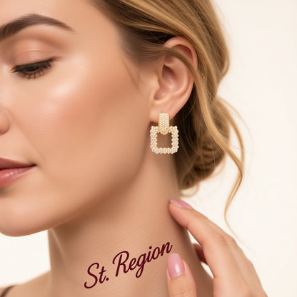 Pearl and 18K Gold-Plated Open Square Drop Earrings, gold drop earrings for women, botanical inspired, side view
