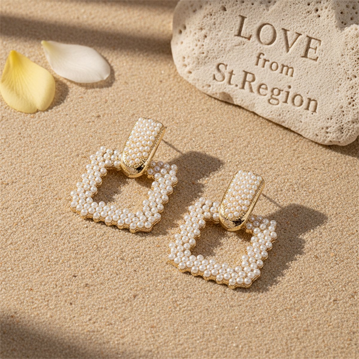Pearl and 18K Gold-Plated Open Square Drop Earrings, gold drop earrings for women, botanical inspired, styled look