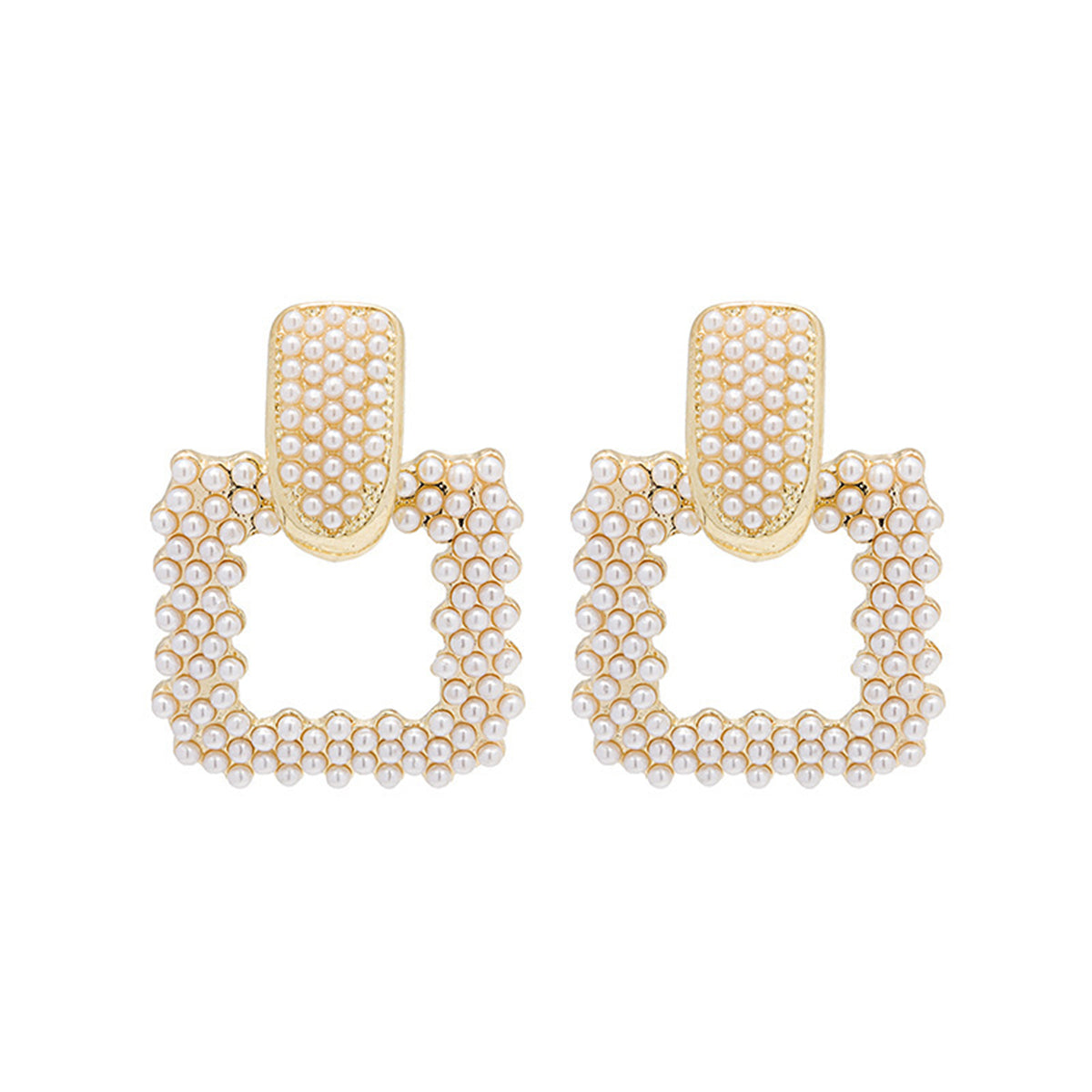Pearl and 18K Gold-Plated Open Square Drop Earrings, gold drop earrings for women, botanical inspired, detail close-up