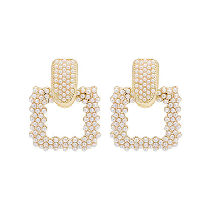 Pearl and 18K Gold-Plated Open Square Drop Earrings, gold drop earrings for women, botanical inspired, detail close-up