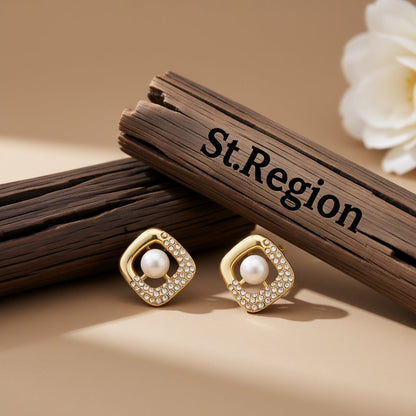 Cubic Zirconia and Pearl Square Stud Earrings, stud earrings for women, elegant gift for her, front view