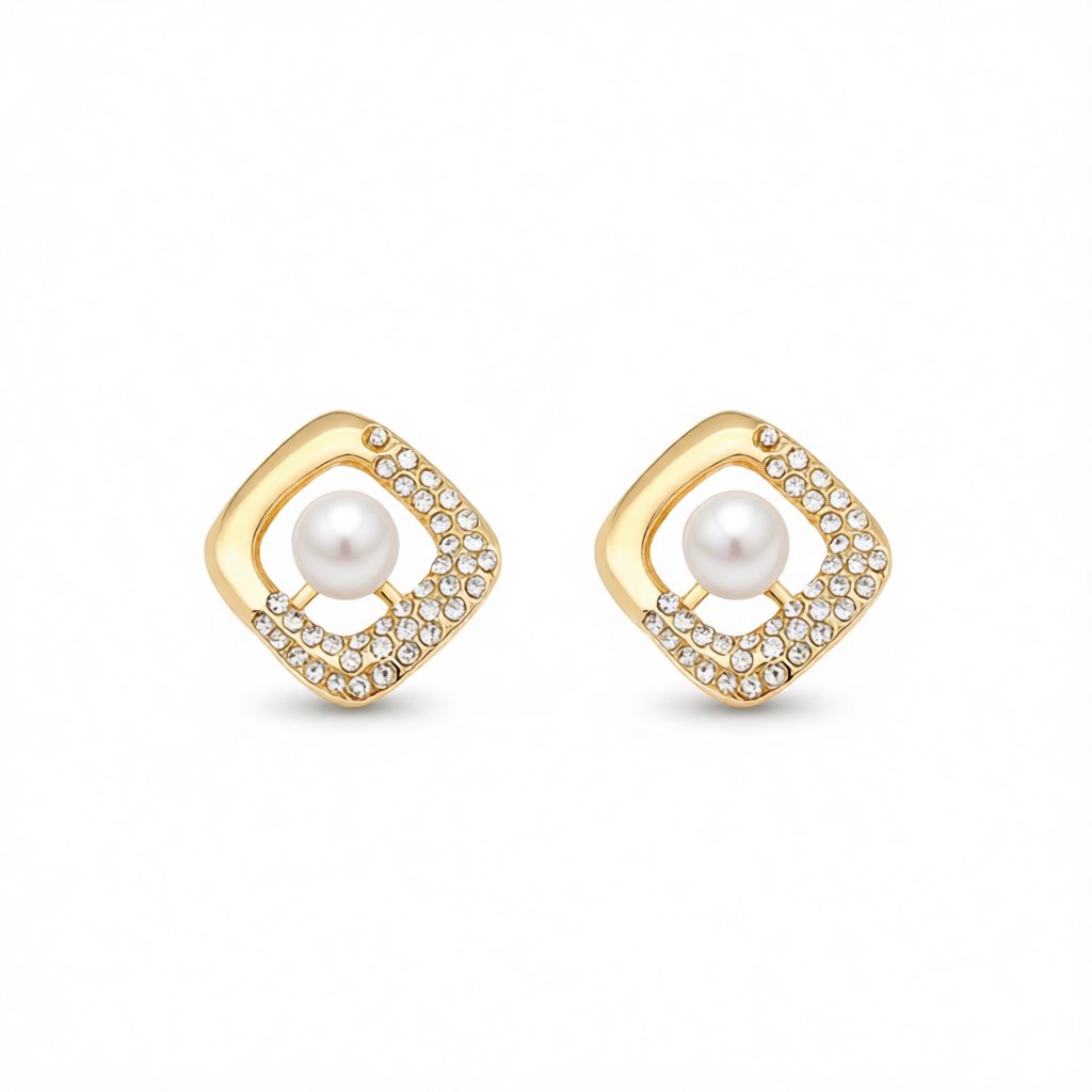 Cubic Zirconia and Pearl Square Stud Earrings, stud earrings for women, elegant gift for her, side view