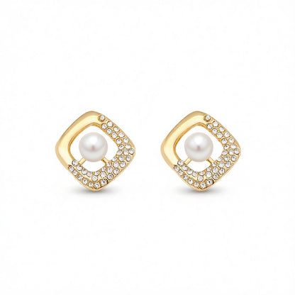 Cubic Zirconia and Pearl Square Stud Earrings, stud earrings for women, elegant gift for her, side view