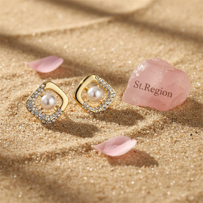 Cubic Zirconia and Pearl Square Stud Earrings, stud earrings for women, elegant gift for her, detail close-up