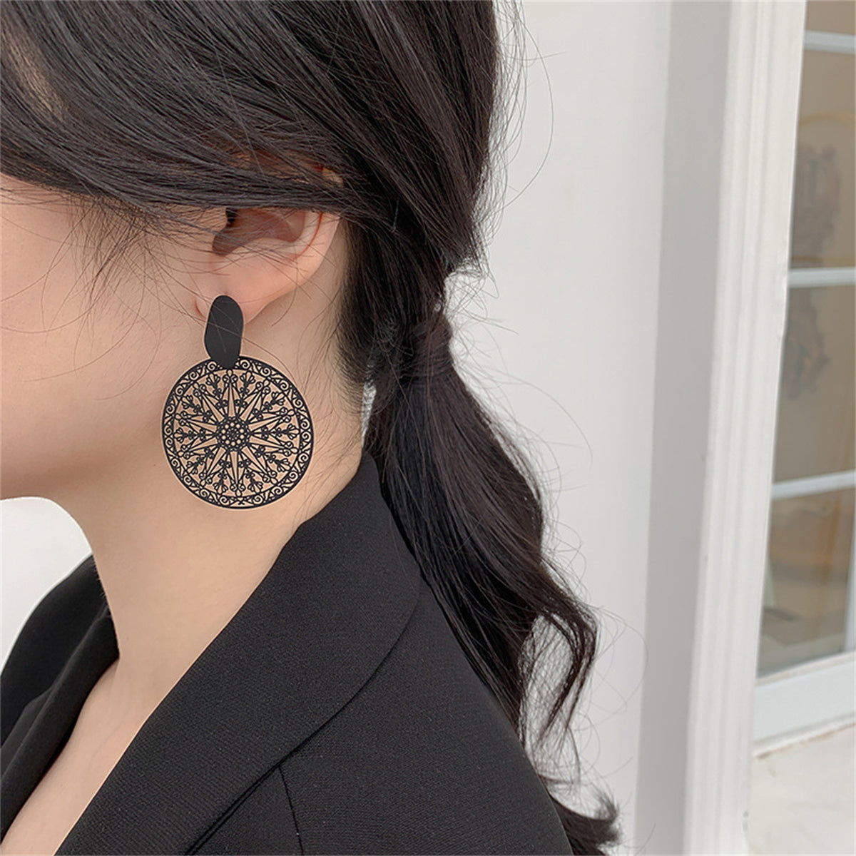 Black Celestial Plate Drop Earrings