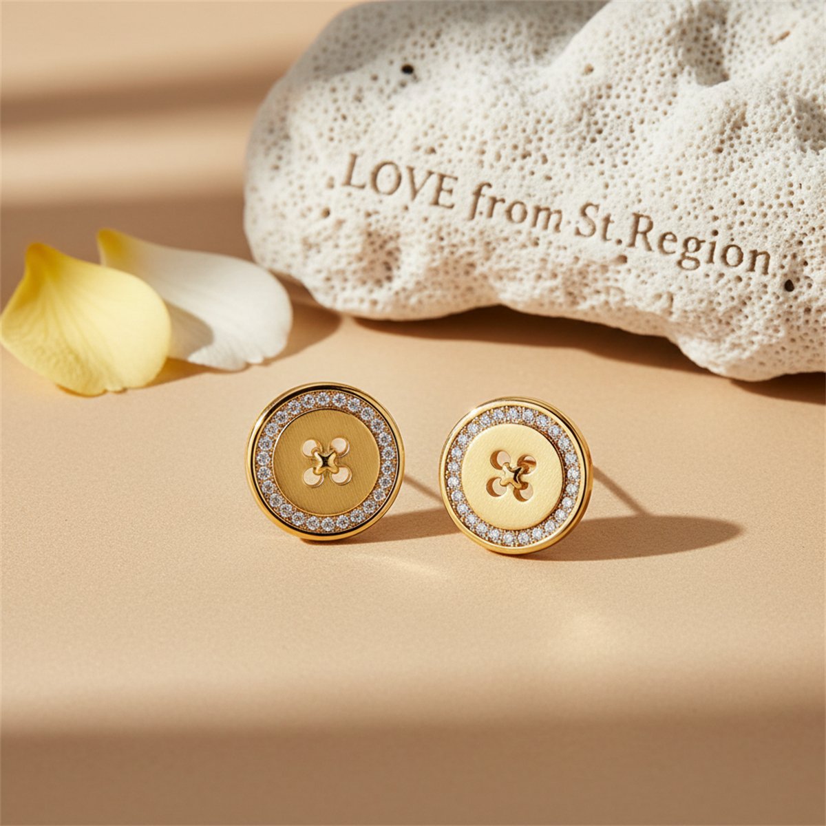 Cubic Zirconia and 18K Gold-Plated Button Stud Earrings, gold stud earrings for women, botanical inspired, lifestyle look