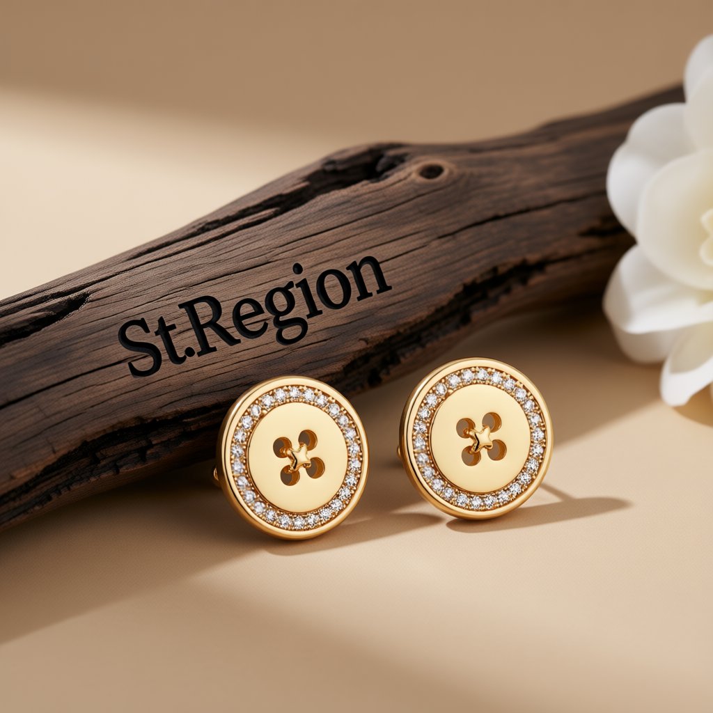 Cubic Zirconia and 18K Gold-Plated Button Stud Earrings, gold stud earrings for women, botanical inspired, front view