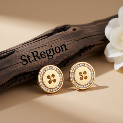 Cubic Zirconia and 18K Gold-Plated Button Stud Earrings, gold stud earrings for women, botanical inspired, front view
