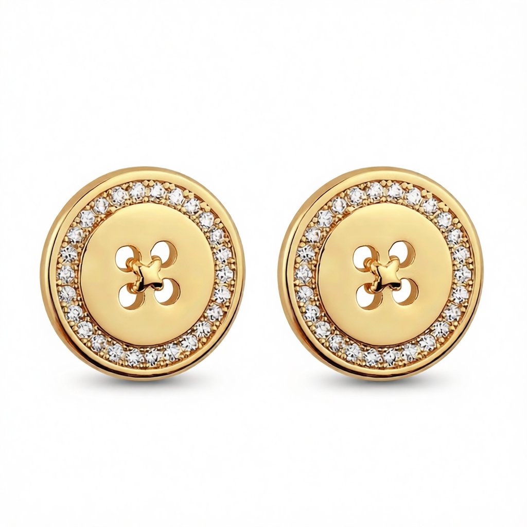 Cubic Zirconia and 18K Gold-Plated Button Stud Earrings, gold stud earrings for women, botanical inspired, side view