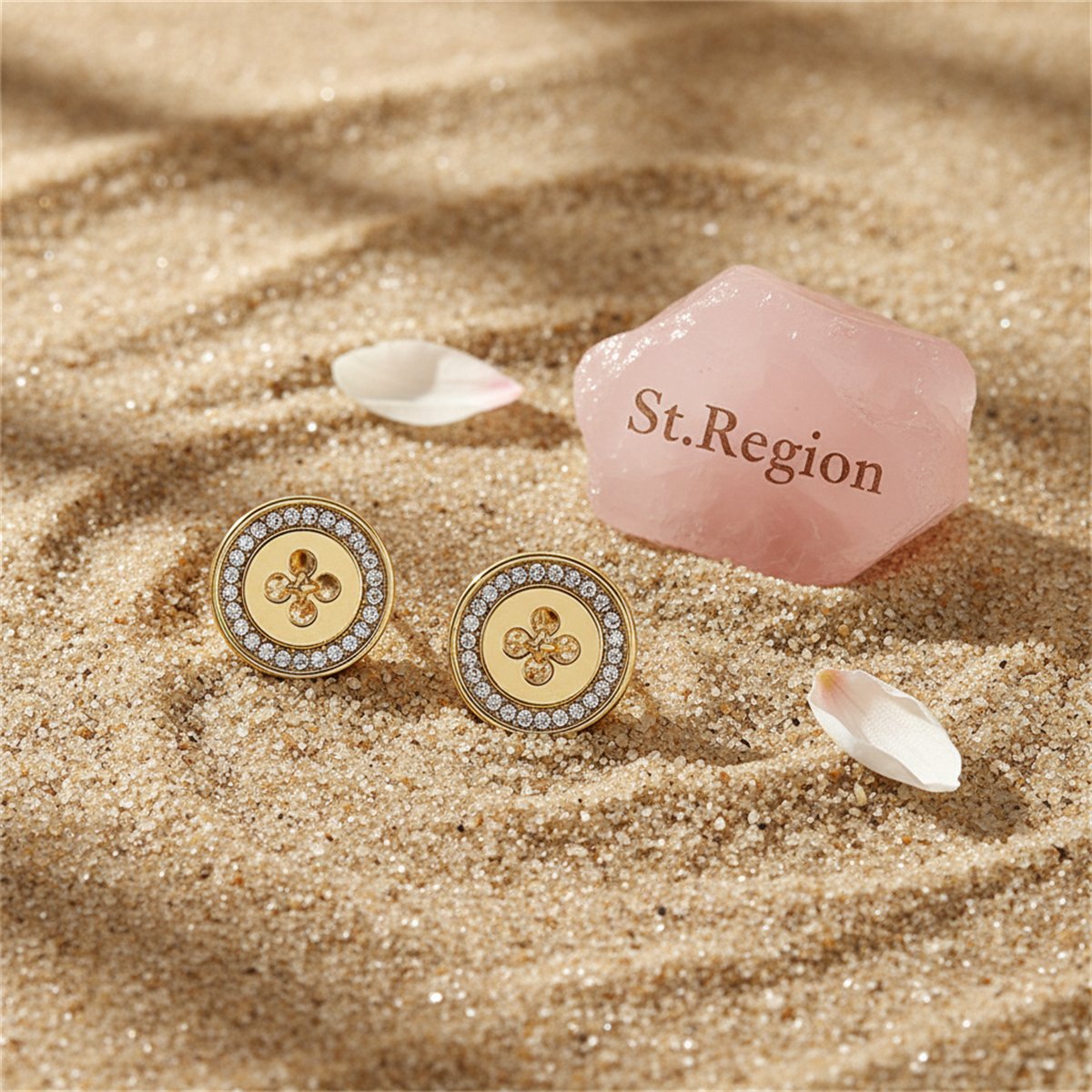 Cubic Zirconia and 18K Gold-Plated Button Stud Earrings, gold stud earrings for women, botanical inspired, detail close-up