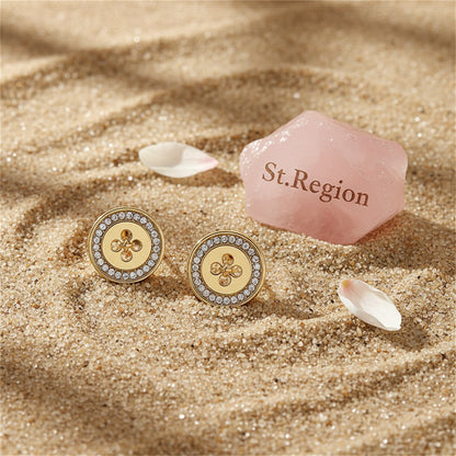 Cubic Zirconia and 18K Gold-Plated Button Stud Earrings, gold stud earrings for women, botanical inspired, detail close-up