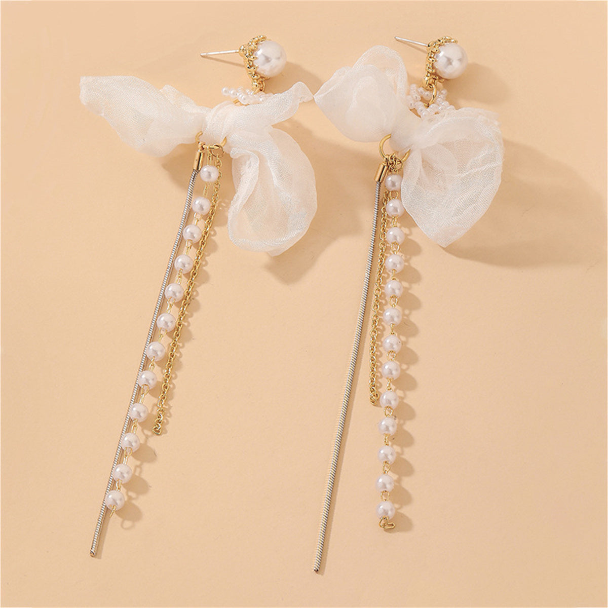 Pearl & Mesh Two-Tone Star Bow Tassel Dangle Earring