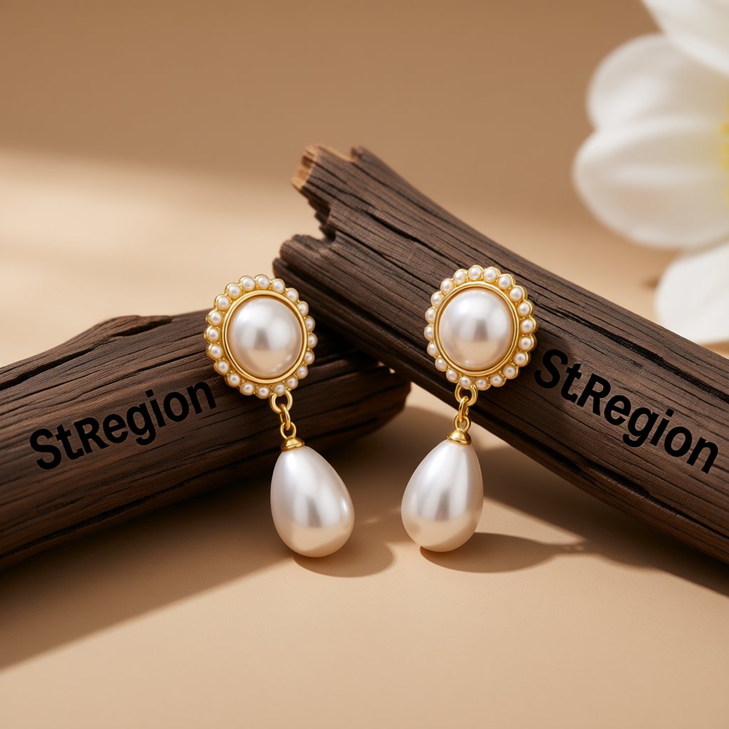 White Pearl and 18K Gold-Plated Teardrop Earrings, gold drop earrings for women, vintage-inspired design, front view