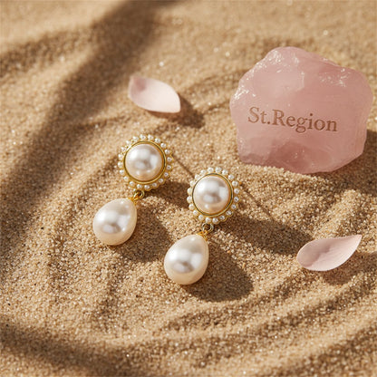 White Pearl and 18K Gold-Plated Teardrop Earrings, gold drop earrings for women, vintage-inspired design, detail close-up