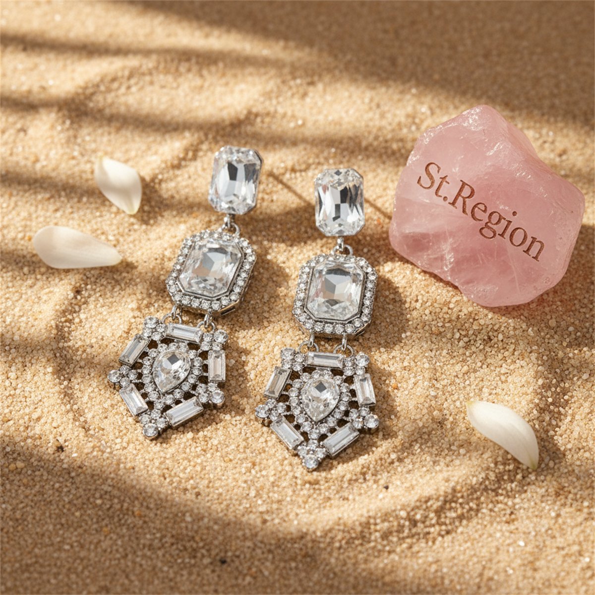 Cubic Zirconia and Crystal Geometric Drop Earrings, drop earrings for women, dainty minimalist design, detail close-up