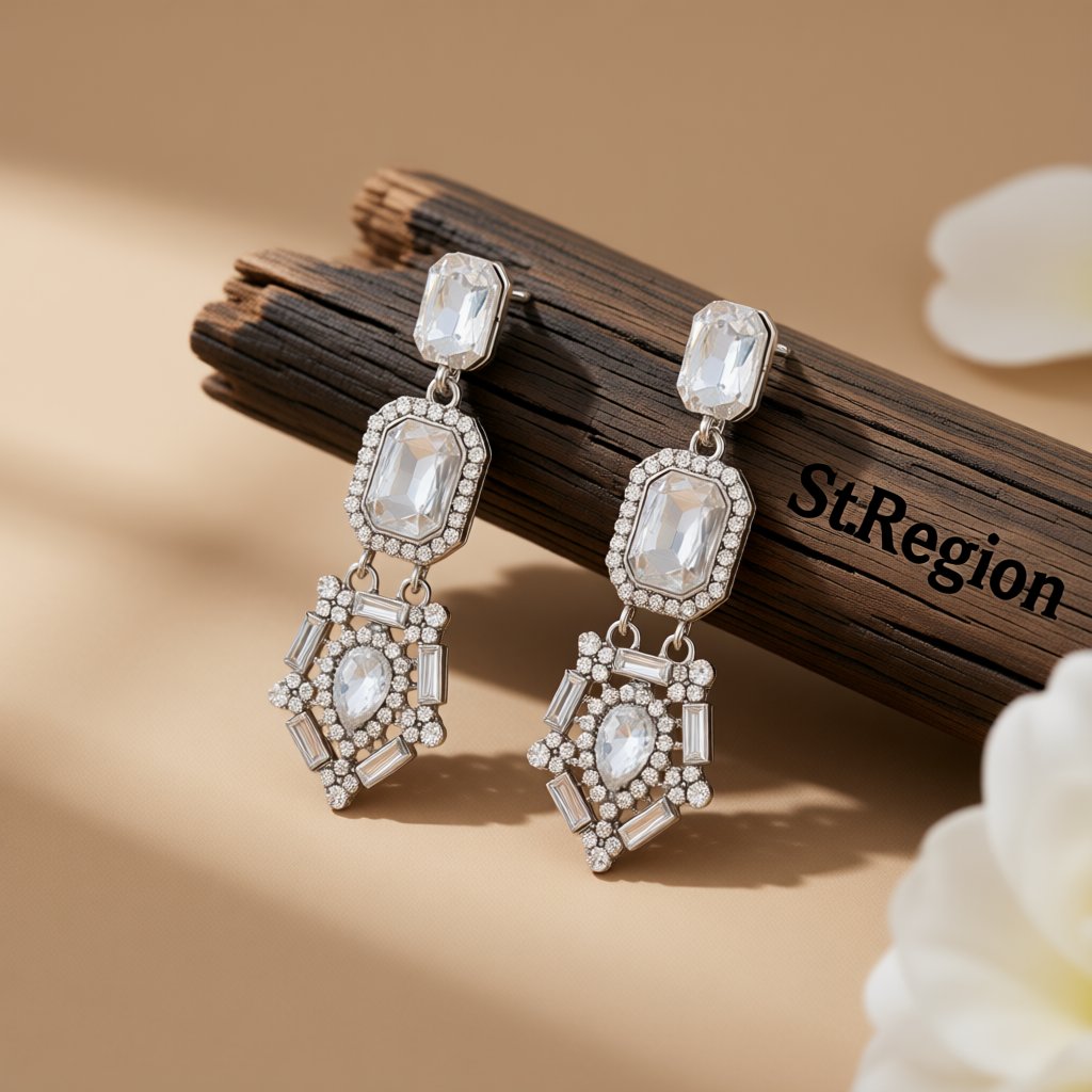 Cubic Zirconia and Crystal Geometric Drop Earrings, drop earrings for women, dainty minimalist design, front view