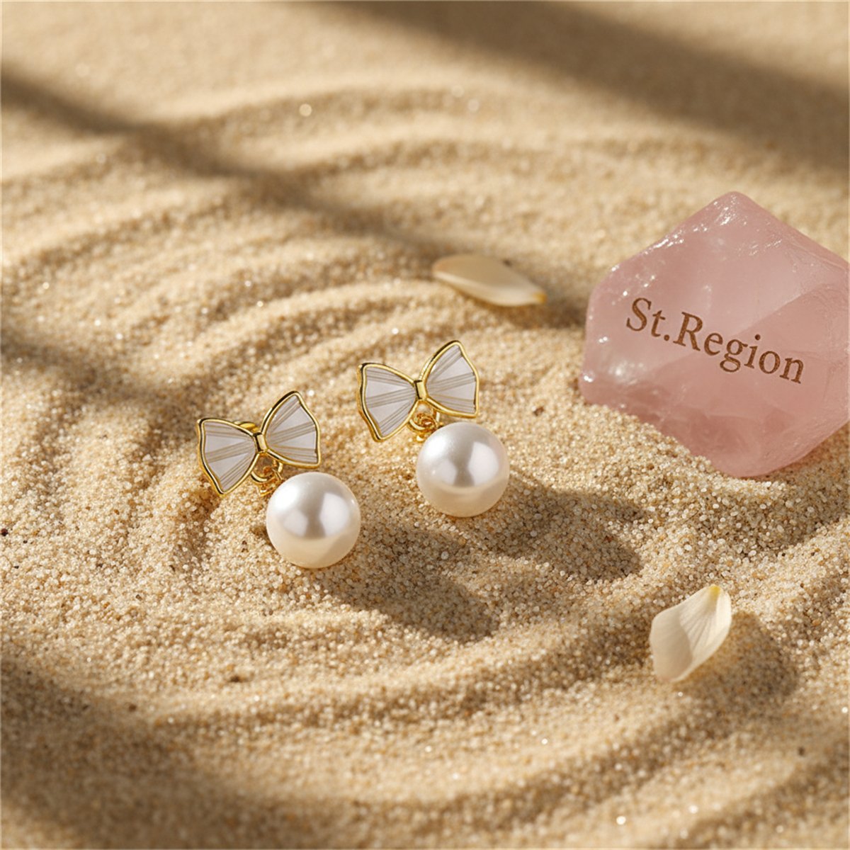 White Shell and Pearl 18K Gold-Plated Bow Round Drop Earrings, gold drop earrings for women, detail close-up