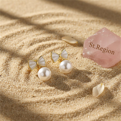 White Shell and Pearl 18K Gold-Plated Bow Round Drop Earrings, gold drop earrings for women, detail close-up
