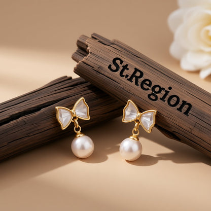 White Shell and Pearl 18K Gold-Plated Bow Round Drop Earrings, gold drop earrings for women, front view