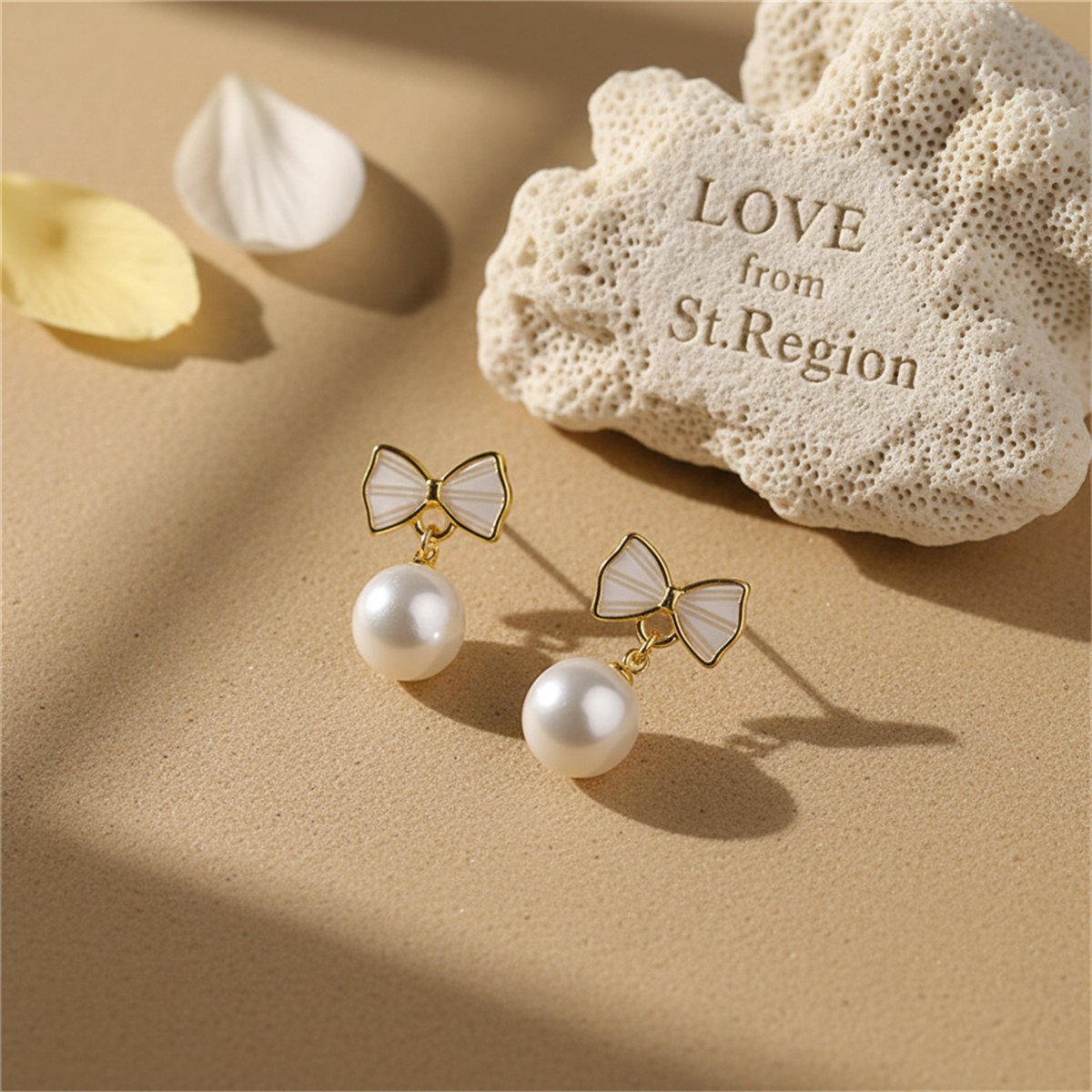 White Shell and Pearl 18K Gold-Plated Bow Round Drop Earrings, gold drop earrings for women, lifestyle look