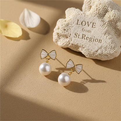 White Shell and Pearl 18K Gold-Plated Bow Round Drop Earrings, gold drop earrings for women, lifestyle look