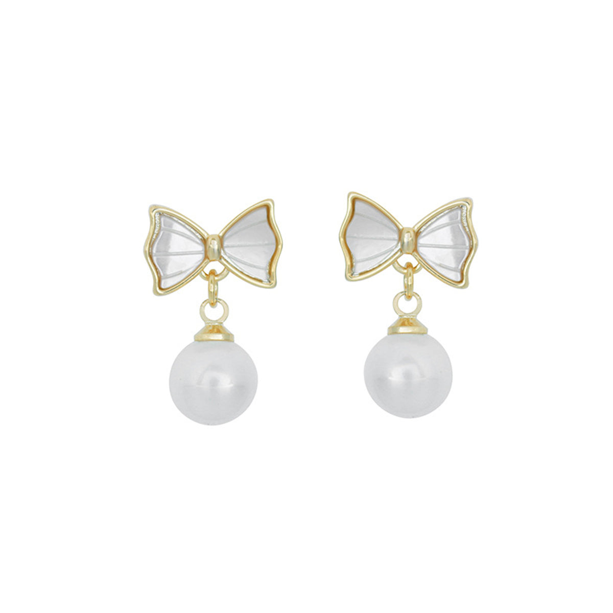 White Shell and Pearl 18K Gold-Plated Bow Round Drop Earrings, gold drop earrings for women, side view