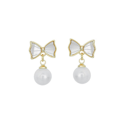 White Shell and Pearl 18K Gold-Plated Bow Round Drop Earrings, gold drop earrings for women, side view