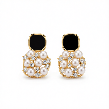 Black Enamel & Pearl Cubic Zirconia-Accent Cushion Drop Earrings