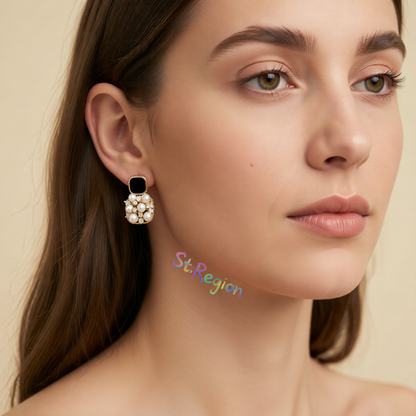 Black Enamel & Pearl Cubic Zirconia-Accent Cushion Drop Earrings