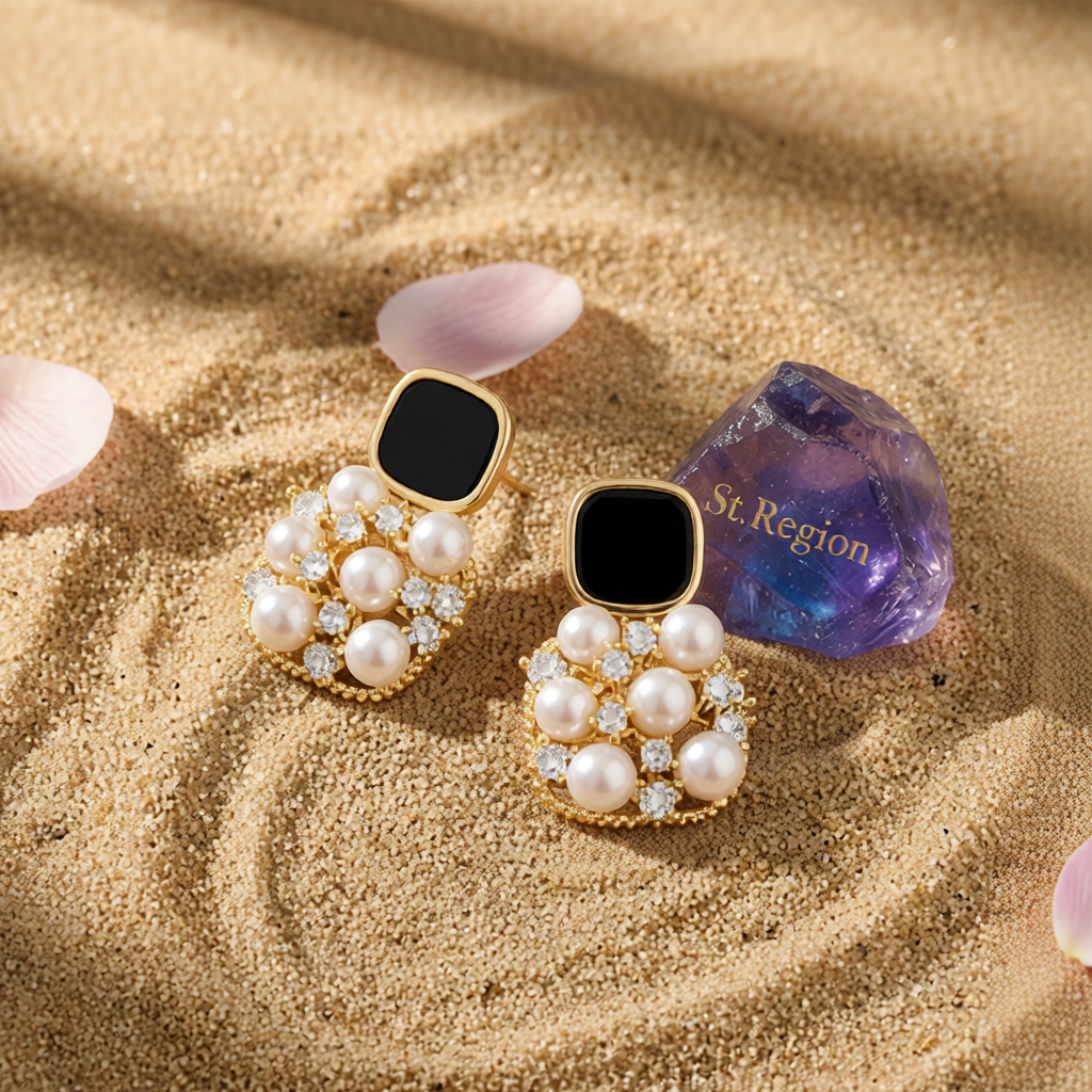 Black Enamel & Pearl Cubic Zirconia-Accent Cushion Drop Earrings