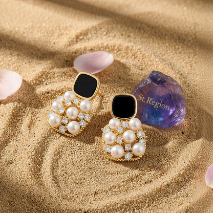 Black Enamel & Pearl Cubic Zirconia-Accent Cushion Drop Earrings