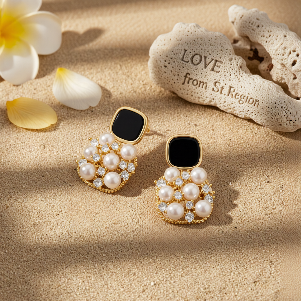 Black Enamel & Pearl Cubic Zirconia-Accent Cushion Drop Earrings