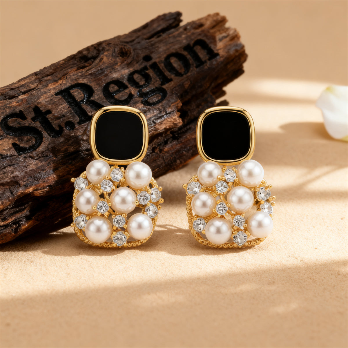 Black Enamel & Pearl Cubic Zirconia-Accent Cushion Drop Earrings