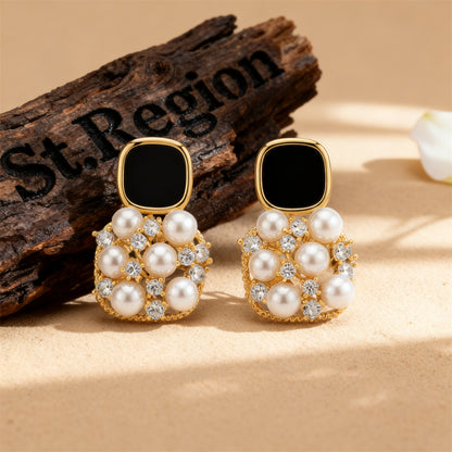 Black Enamel & Pearl Cubic Zirconia-Accent Cushion Drop Earrings
