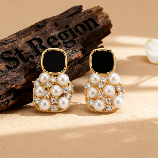 Black Enamel & Pearl Cubic Zirconia-Accent Cushion Drop Earrings