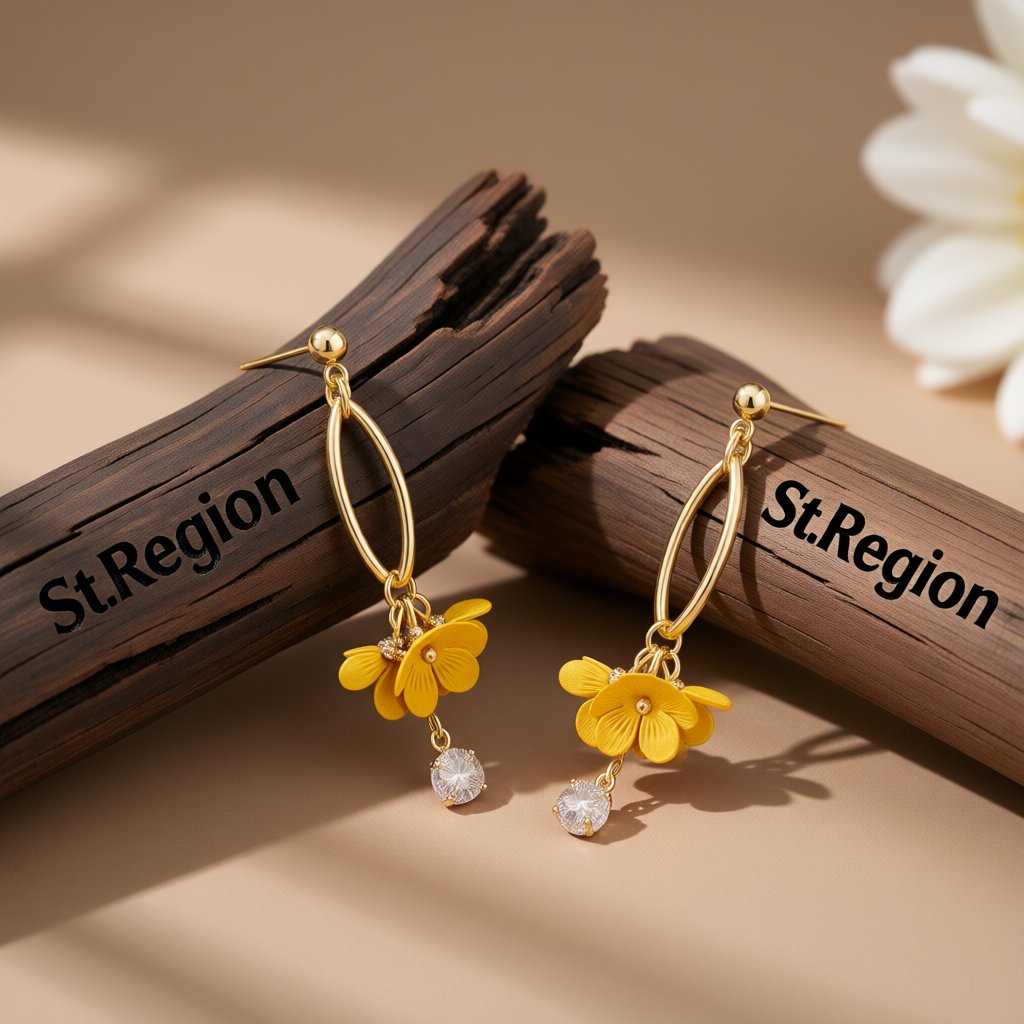 Yellow Acrylic and Cubic Zirconia 18K Gold-Plated Floral Drop Earrings, gold drop earrings for women, front view