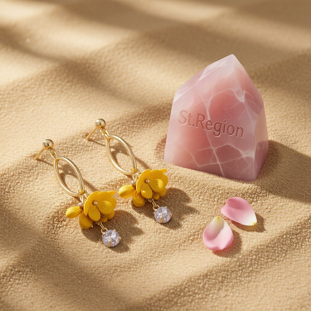 Yellow Acrylic and Cubic Zirconia 18K Gold-Plated Floral Drop Earrings, gold drop earrings for women, detail close-up